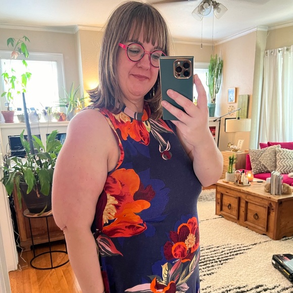 Anthropologie Maeve purple mini dress with vibrant tropical print w/pockets L - Picture 2 of 7